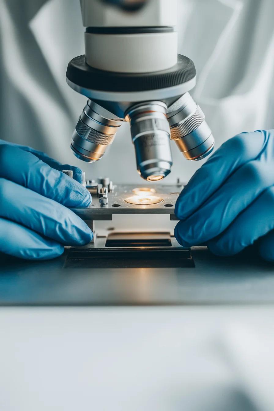 Руки в синих медицинских перчатках работают с микроскопом, изучая образец.