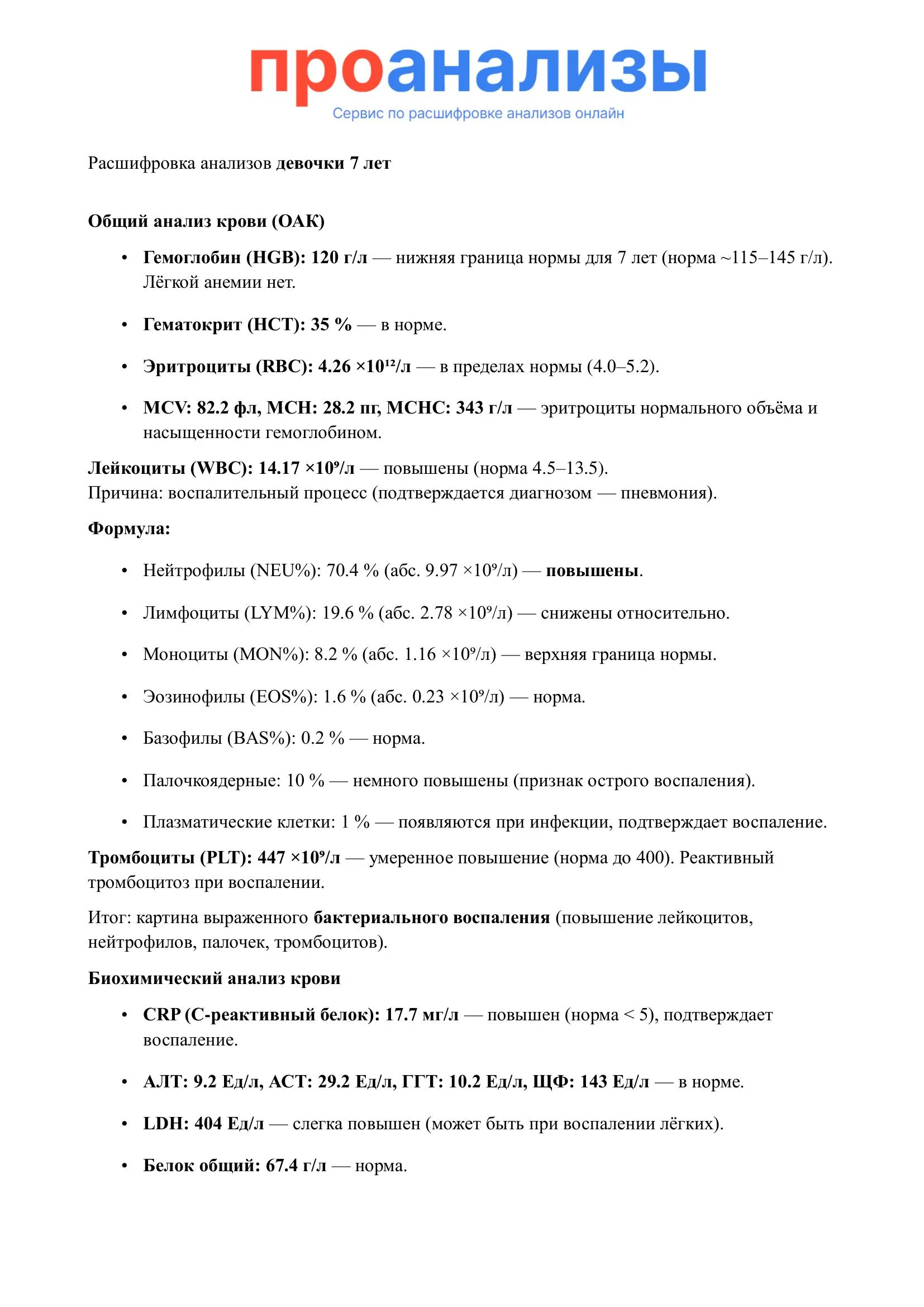 Расшифровка анализов девочки 7 лет