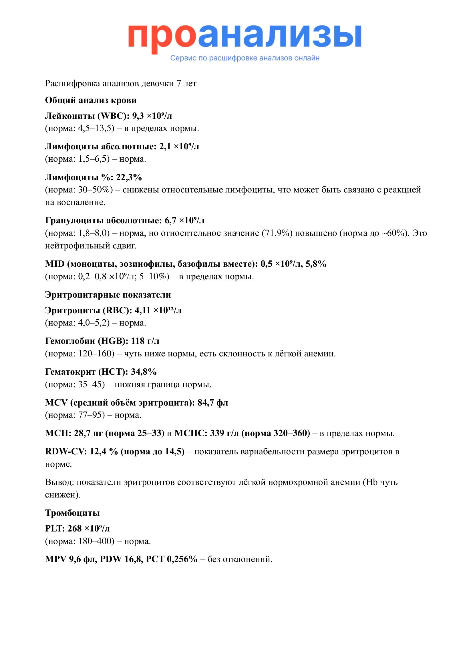 Расшифровка анализов девочки 7 лет