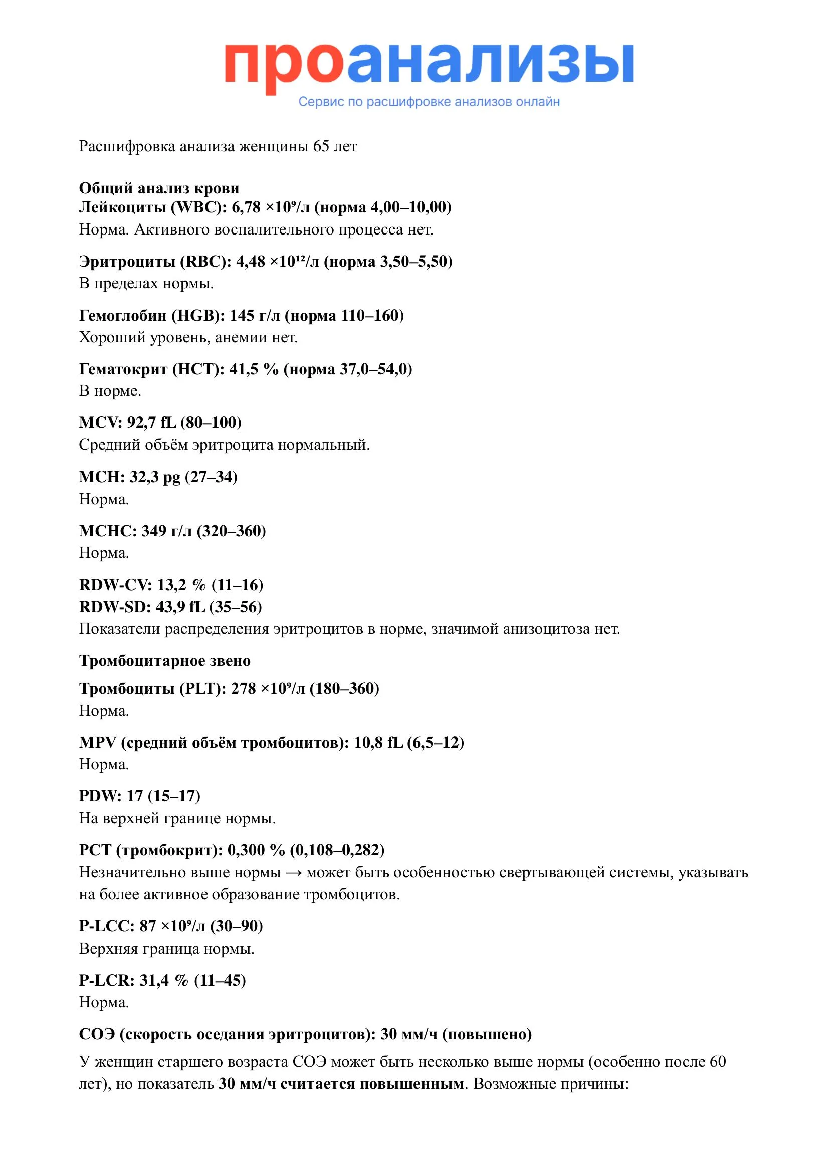Расшифровка анализов женщины 65 лет